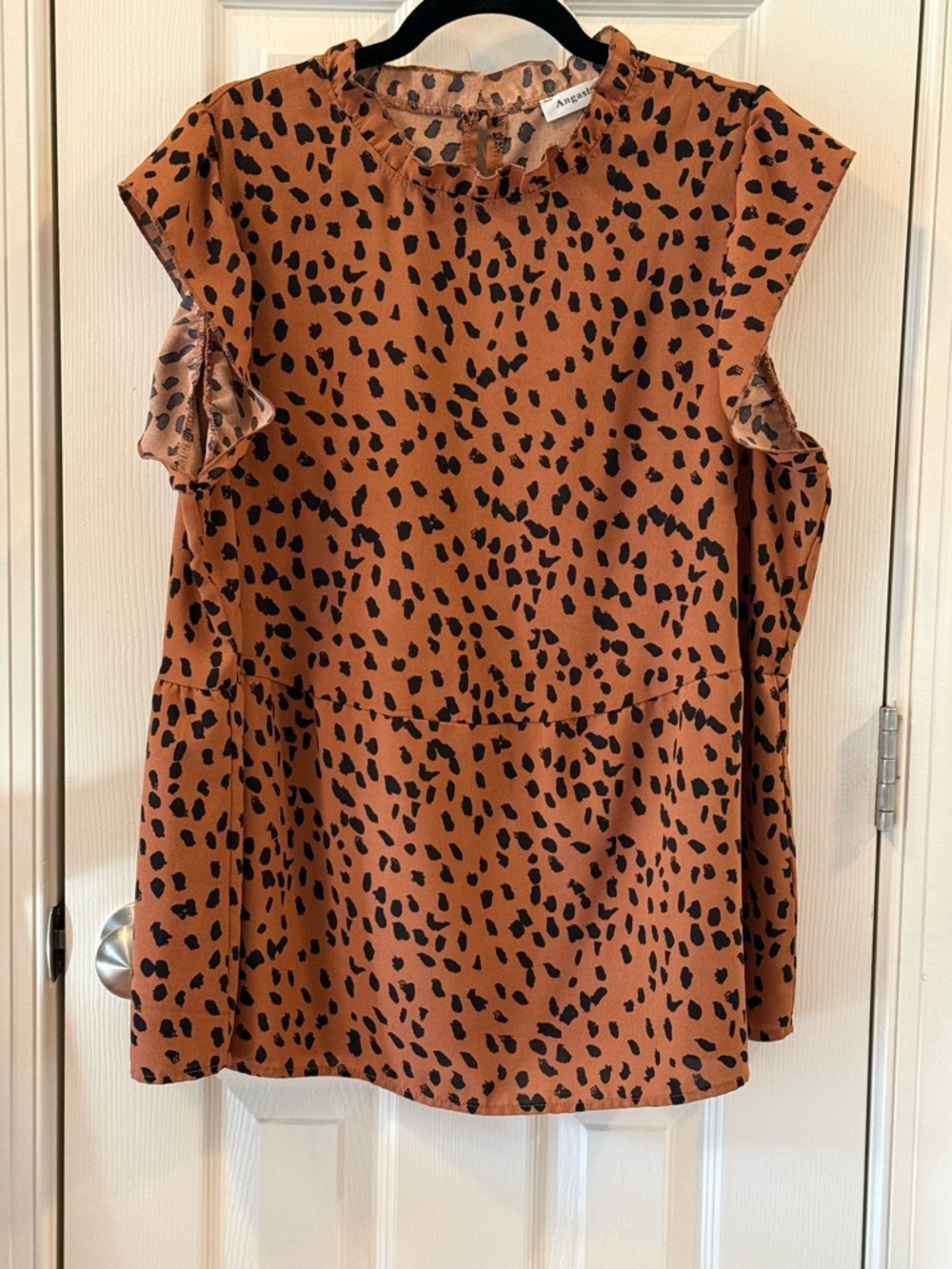 Angashion Leopard Print Babydoll Blouse Size XXL Brown Black Flutter Sleeve
